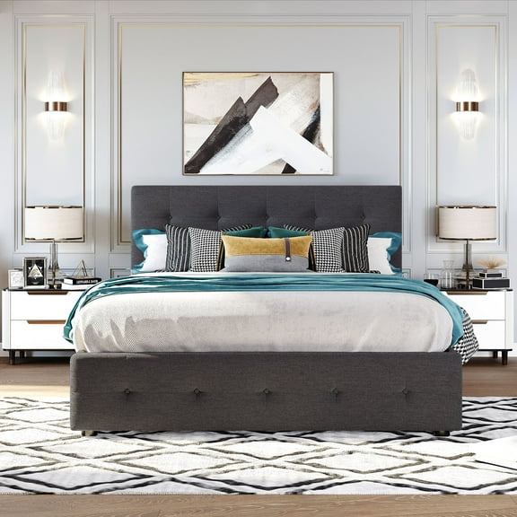 Paproos Upholstered Platform Bed with Storage, Queen Size Upholstered Linen Platform Bed with 2 Drawers and Twin Size Trundle Bed, Queen Bed Frame with Headboard, No Box Spring Needed, Dark Gray