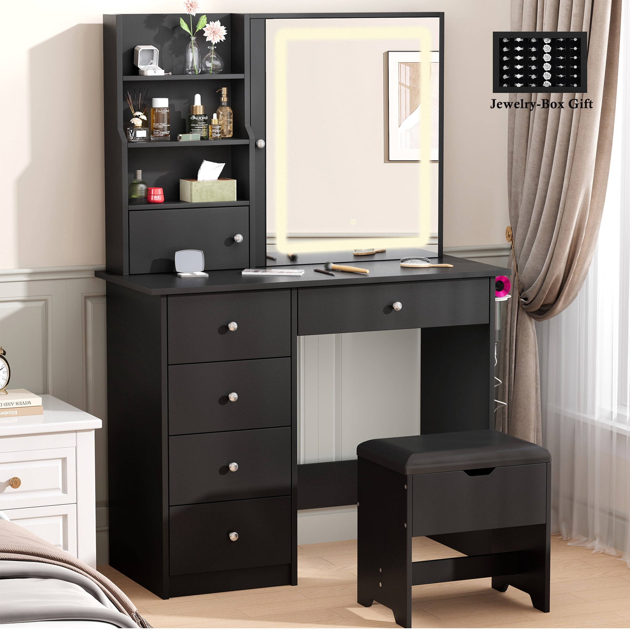 Paproos Vanity Set with Mirror and Stool, Wood Women Girls Makeup