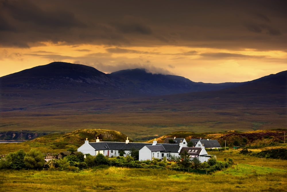 Paps Of Jura Jura Scotland Houses With Mountain Backdrop Canvas Art - John Short Design Pics (36 x 24)