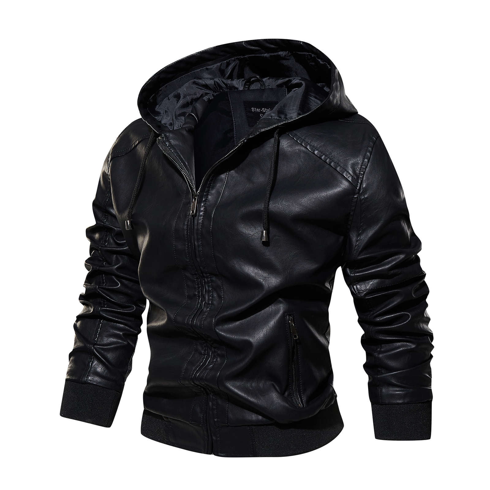 Paptzroi Men's Trendy Hooded Leather Jacket Splice Comfort Paptzroi Men's Trendy Hooded Leather Jacket Splice Comfort