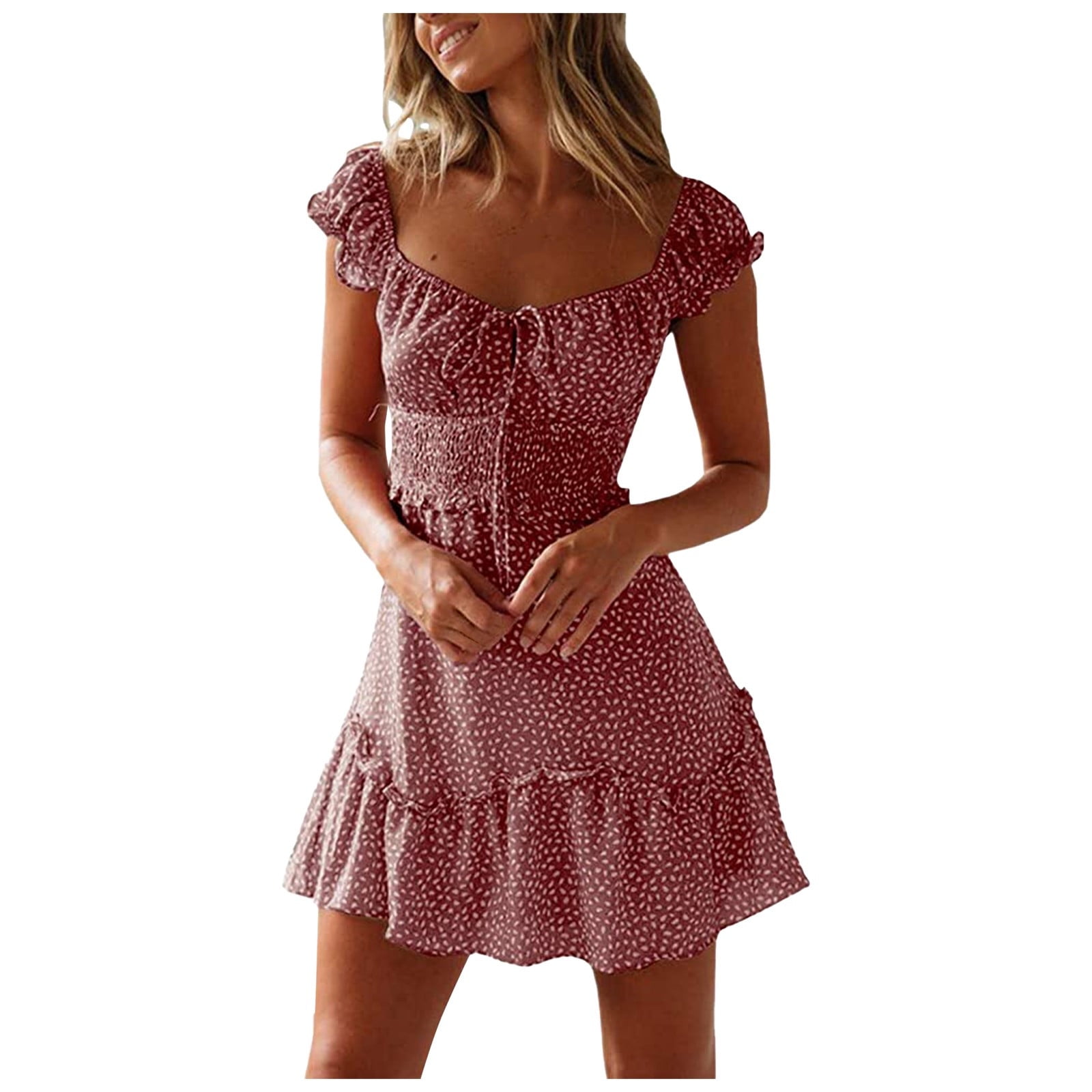 Summer Women's Vintage A-Line Short Dress Short Sleeve Ruffle Pleated  Sundress