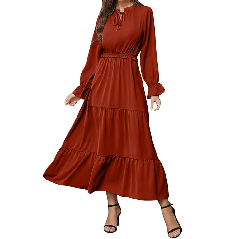Paptzroi Women's Solid Color Long Sleeve Lace Up European And American  Style Women's Long Dress Casual Dresses for Women Aline Fall Casual Women