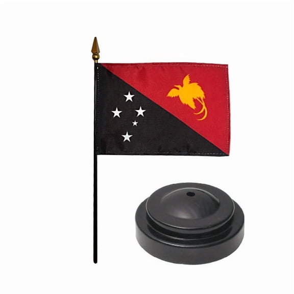Papua New Guinea Desk Flag with Base; American Made Rayon 4x6 inch Miniature Table Set Includes One Small Mini Country Stick Flags and One Black Stand (Papua New Guinea Desk Flag and Base)