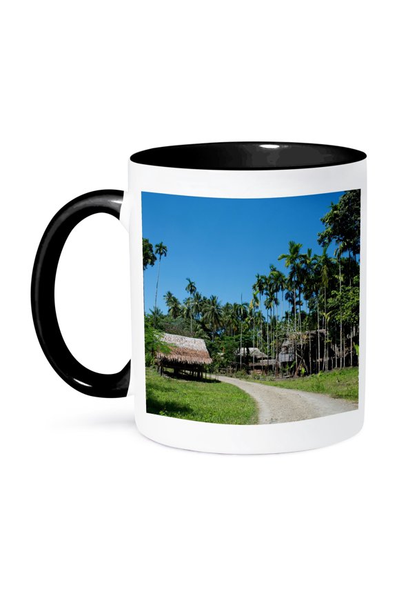 , Papua New Guinea, Fergusson Island. Village with Thatched Houses, 15oz Two-tone Black Mug