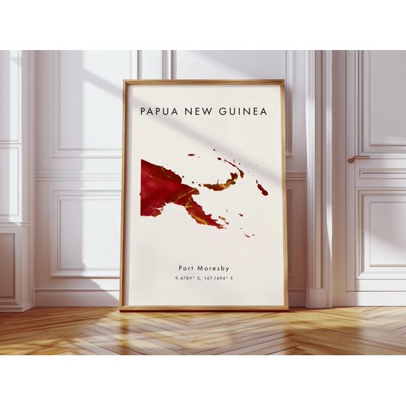 Papua New Guinea Map Poster Red and Gold Oceania Wall Art Print Home Decor Geography Map Gift Wallpaper