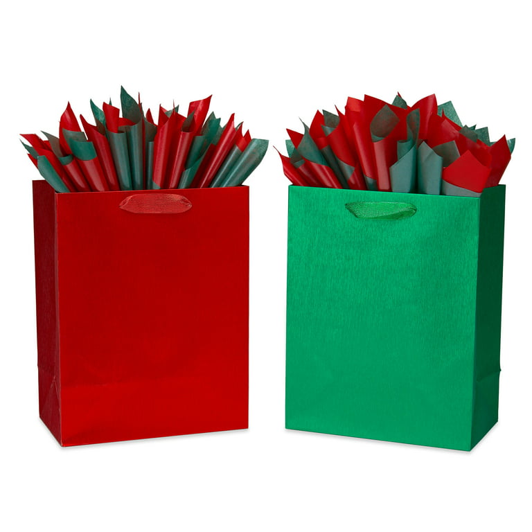 Papyrus Brushed Metallic Red and Green Large Gift Bag & Tissue Set; 2 Gift  Bags, 8 Sheets of Tissue