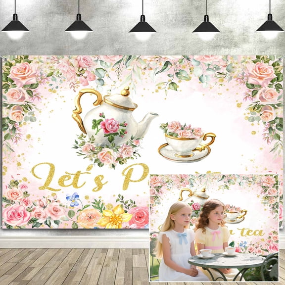 Let's Par Tea Backdrop,Floral Tea Time Photo Background,Glitter Afternoon Tea Engagement Bachelorette Baby Shower Princess Birthday Party Banner,Vintage Teapot Teacups Party Decorations-7x5FT