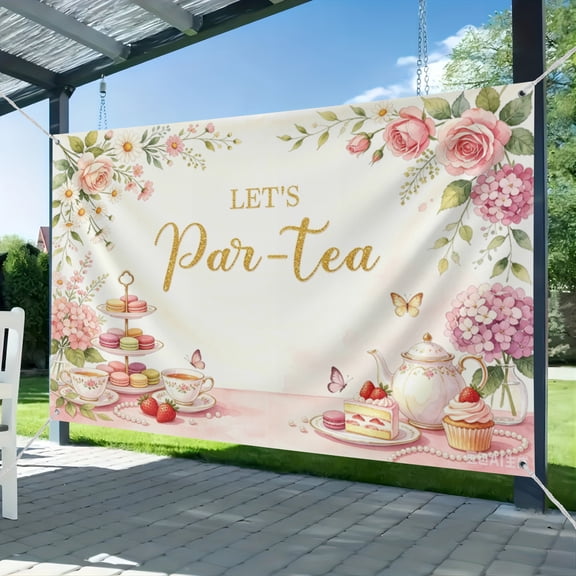 Let's Par-Tea Birthday Backdrop Tea Party for Girls Women Party Decorations Teacup High Theme Spring Wildflower Wedding Engagement Bachelorette Party Background 51*59IN