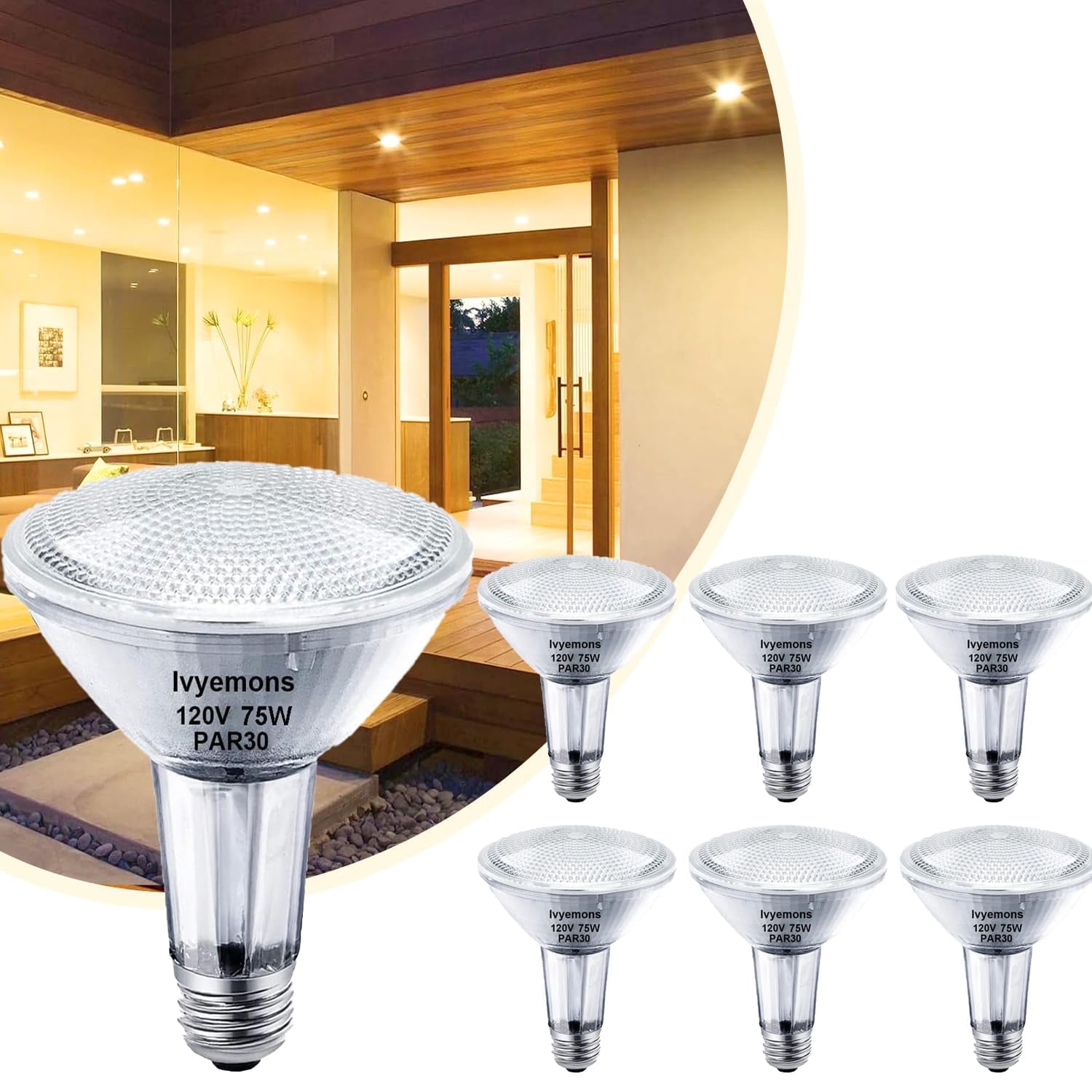 Ivyemons Par30 Long Neck Halogen Flood Bulbs 6-Pack 75W Dimmable Flicker-Free 2800K Warm White E26 Base for Accent/Track/Recessed