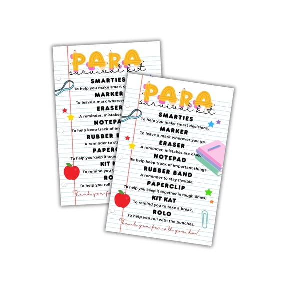 Para Aide Teacher Survival Kit List Postcard 30pk 4x6 Printables for Goodie Bags Gift Classroom Back to School Labels School Elementary PTA Thank You