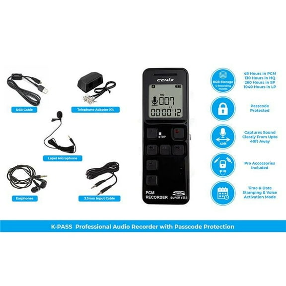 PBN-TEC PBN-K-PASS 8GB Premium PCM Audio Recorder 1040 Hours Storage with Password Protection