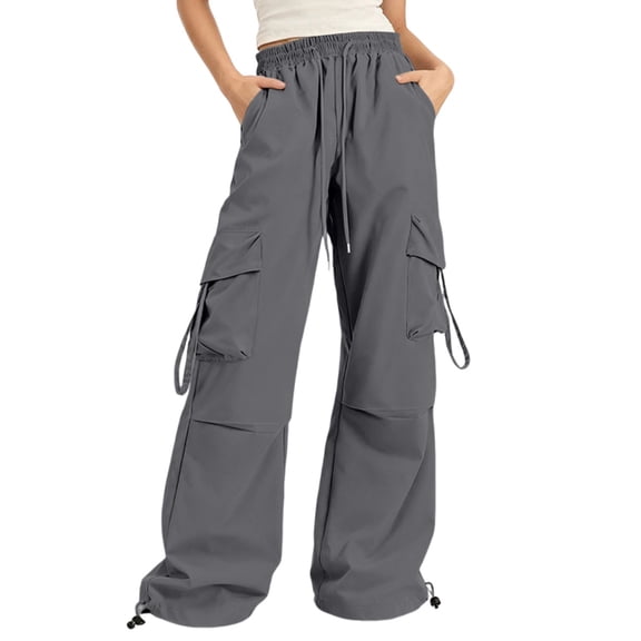 Parachute Cargo Pants Women Baggy Quick Dry Wide Leg Hiking Pants Pull-on High Waist Hip Hop Pant with Multi Pockets Dark Gray XL