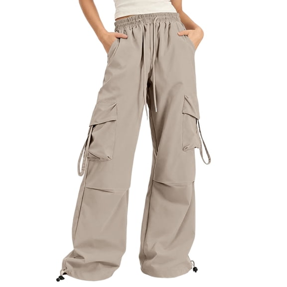 Parachute Cargo Pants Women Baggy Quick Dry Wide Leg Hiking Pants Pull-on High Waist Hip Hop Pant with Multi Pockets Khaki M