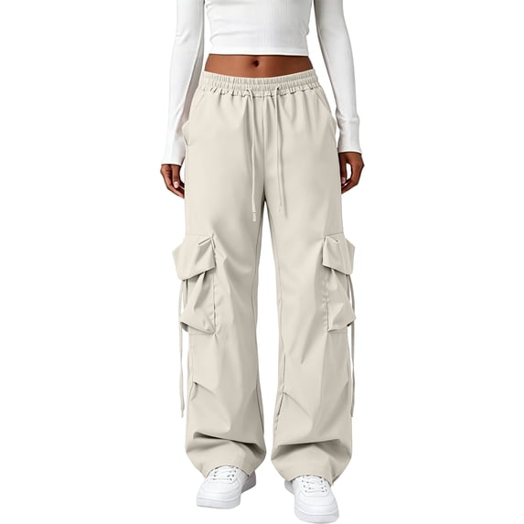 Parachute Pants Women Baggy Straight Leg Drawstring Lightweight Cargo Pants Tall Moisture Wicking Y2k Utility Streetwear, S