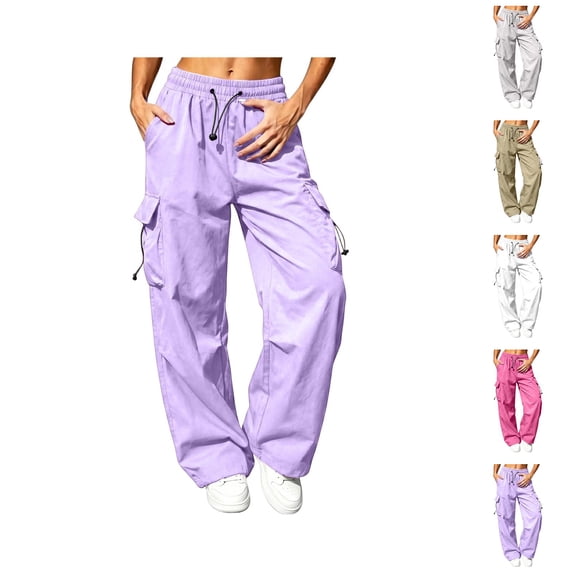 Parachute Pants Women Summer Elastic Waist Drawstring Wide Straight Leg Loose Casual Lightweight Cargo Pants with Pockets