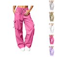 thumbnail image 1 of Parachute Pants Women Summer Elastic Waist Drawstring Wide Straight Leg Loose Casual Lightweight Cargo Pants with Pockets, 1 of 8