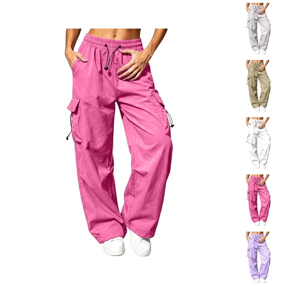 Parachute Pants Women Summer Elastic Waist Drawstring Wide Straight Leg Loose Casual Lightweight Cargo Pants with Pockets