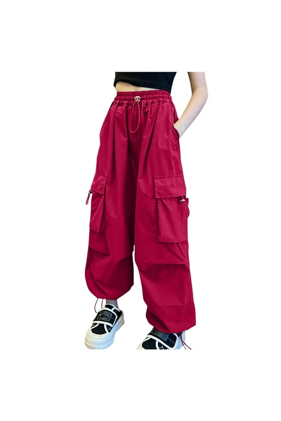 Parachute Pants for Girls Children, Cargo Pants Girl Baggy Drawstring High Rise Jogger Sweatpants, Hip Hop Street Dance Pant Red 10 Years