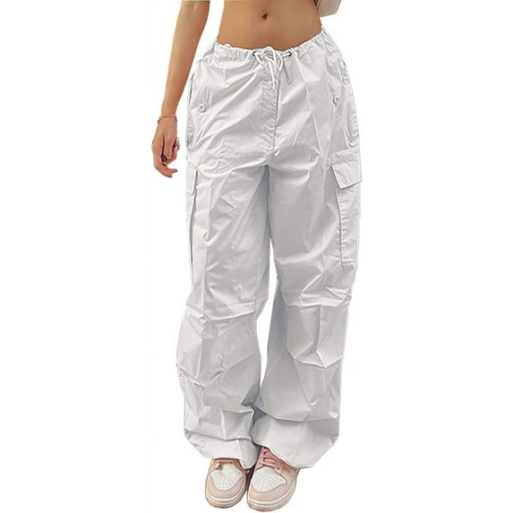 Parachute Pants for Women Y2K Baggy Cargo Pants Drawstring Trousers Low Rise Loose Jogger Sweatpants