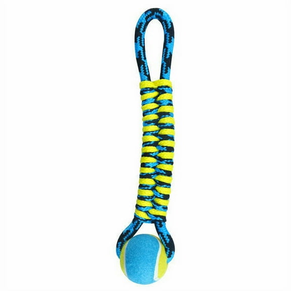 Paracord Dog Toys Tough Rope Tug & Tennis Ball Fetch Chew Blue or Yellow 14.5" (Blue)