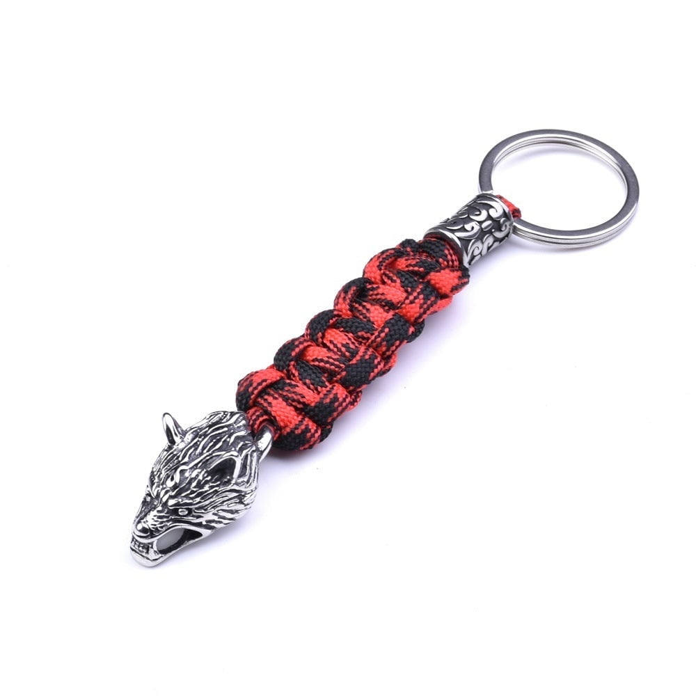 Paracord Key Ring with Wolf Head and Beads Durable Rope Weaving Keychain Stainless Steel Keyring 15cm Length Paracord