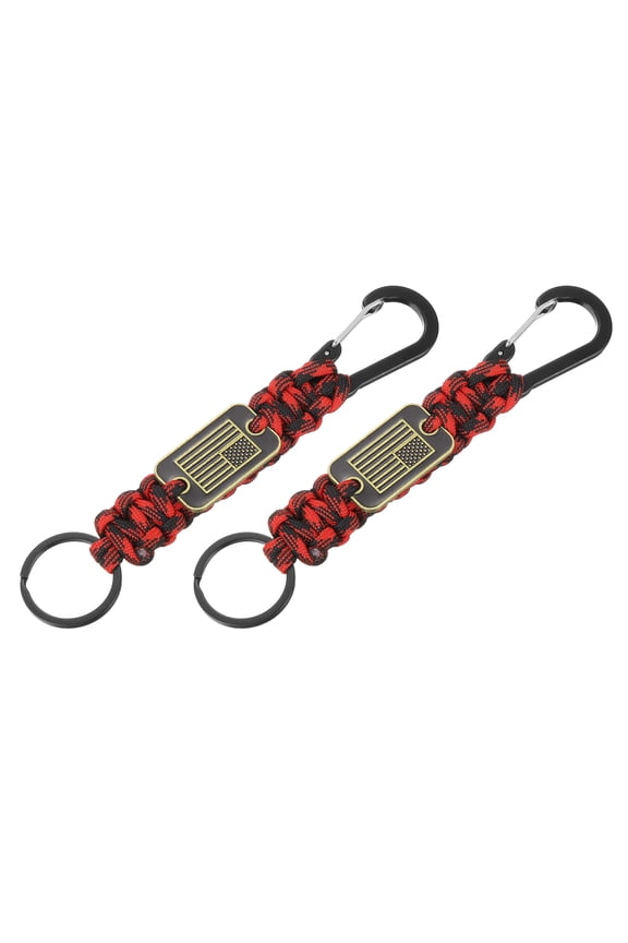 Paracord Keychains, Heavy Duty Braided Clip Paracord Keychain with USA Flag for Men Women Outdoor Activity Survival Keys Whistle Rope ID Badges(2Pcs, Black and Red)