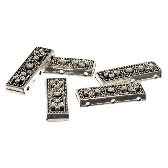 Paracord Planet Rectangular Flower Spacer Bead - Metal Pendant Fashion Piece or Spacing Bead - 26mm x 9mm in Antique Silver