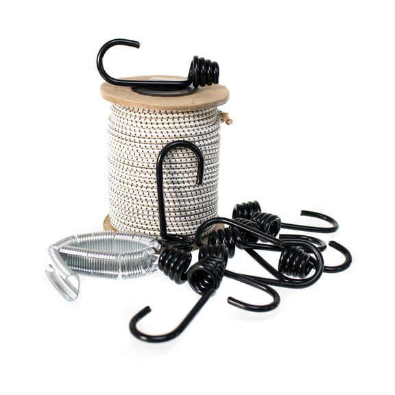 Paracord Planet Shock Cord with Wire Hooks and Hog Clips – 100 Feet Cord, 10 Pack of Hooks, and 100 Pack of Clips – Outdoor Projects & Activities