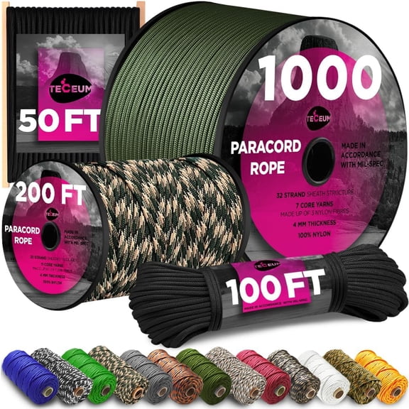 Paracord Rope 750 lb  1000ft / 200ft 120ft 100ft 50ft tring Parachute Cord for Camping, urvival, Outdoor Gear 35+ Color Nylon Utility Tactical urvival & Camping Kit