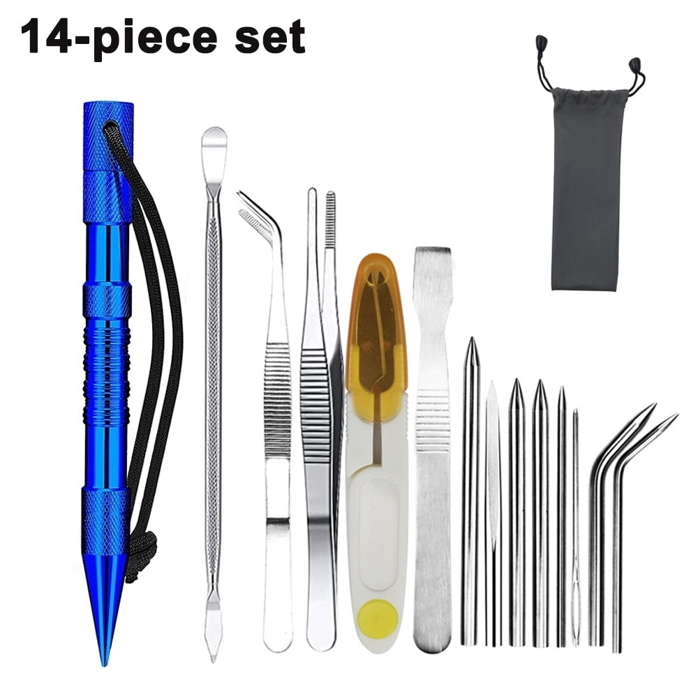 14 Pieces Paracord Tools Paracord Needle Set Paracord Stitching Set  Stainless Steel Lacing Needles Smoothing Tool Knotter with Marlin Spike for  Paracord Work Leather Weaving,Blue 