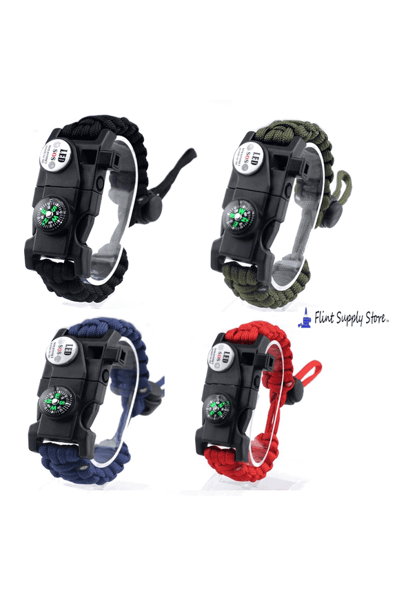Paracord Survival Bracelet Fire Starter, Compass Whistle, SOS Led Light, Green, Blue or Red