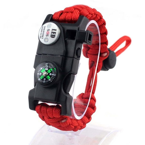 Paracord Survival Bracelet Fire Starter, Compass Whistle, SOS Led Light Red or Blue