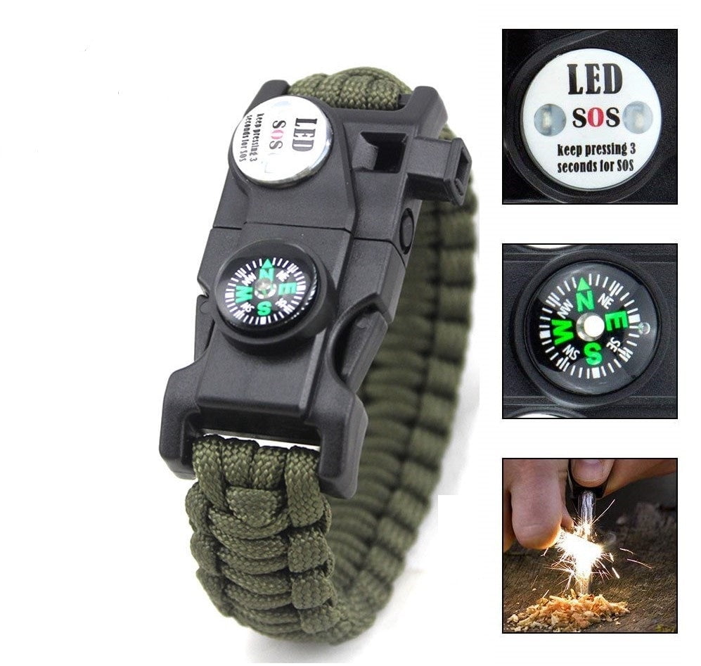 Paracord Survival Bracelet Fire Starter, Compass Whistle, SOS Led Light ...
