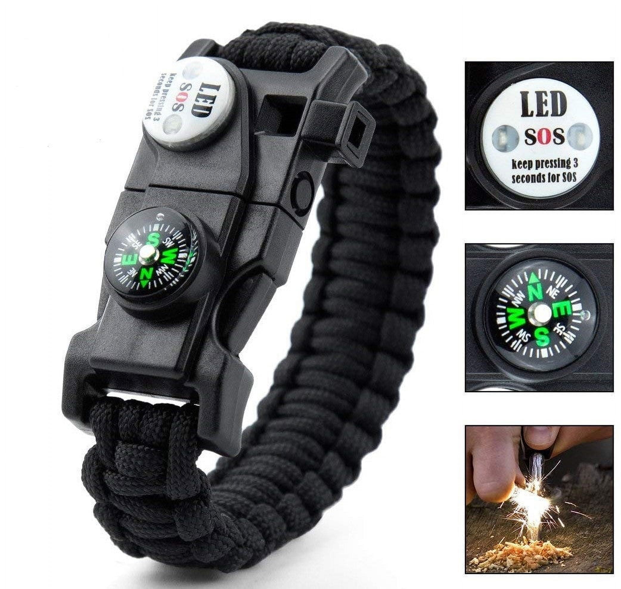Paracord Survival Bracelet Fire Starter, Compass Whistle, SOS Led Light