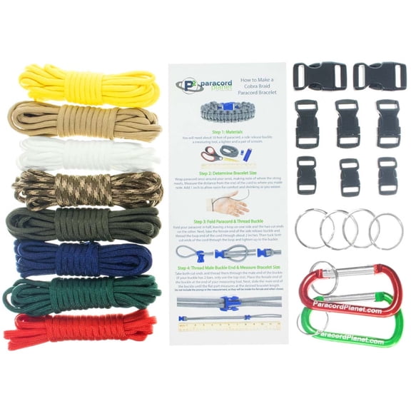 Paracord Survival Bracelet & Project Kit - 550 Parachute Cord, Buckles, Carabiners, Key Rings - (Starter & Hardware Kits Include Paracord Needle & Tongs) - Made in USA