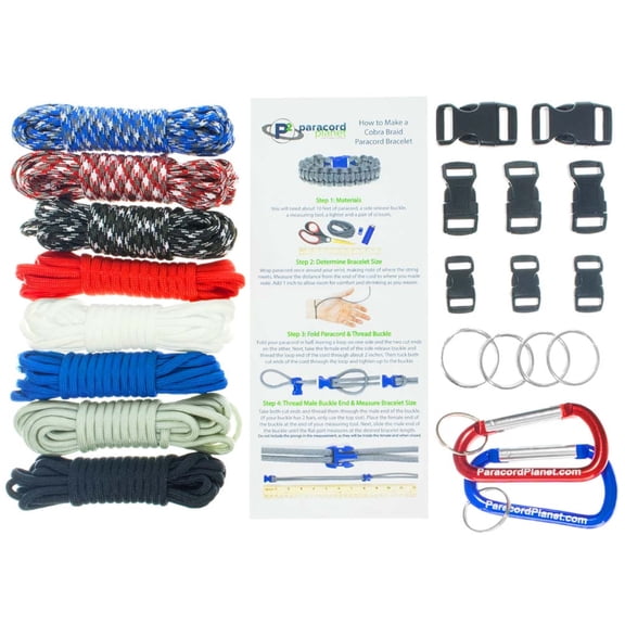 Paracord Survival Bracelet & Project Kit - 550 Parachute Cord, Buckles, Carabiners, Key Rings - (Starter & Hardware Kits Include Paracord Needle & Tongs) - Made in USA