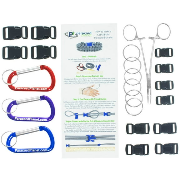 Paracord Survival Bracelet & Project Kit - 550 Parachute Cord, Buckles, Carabiners, Key Rings - (Starter & Hardware Kits Include Paracord Needle & Tongs) - Made in USA