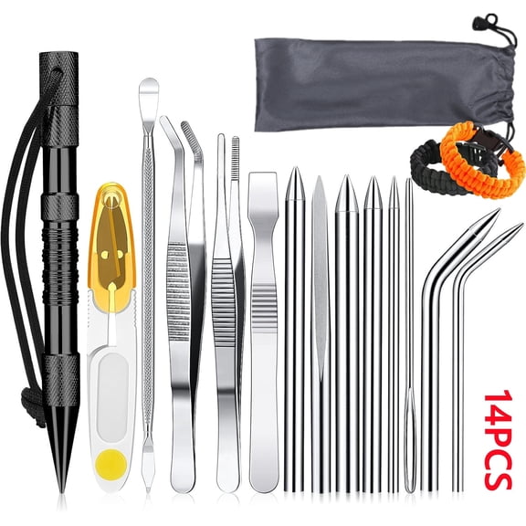 Paracord Tools, 14pcs Paracord Stitching Paracord FID Set, Knotting Tool Stainless Steel Lacing Needles Smoothing Tool Knotter with Marlin Spike