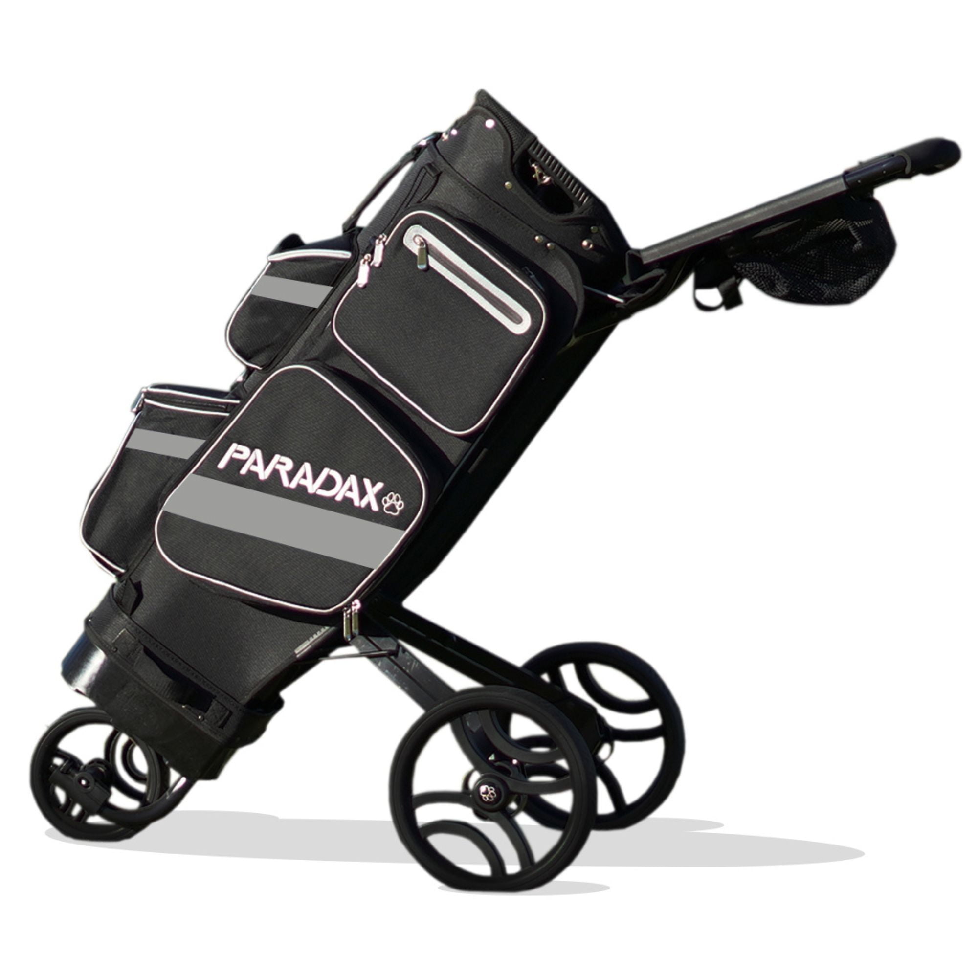 Paradax AI-1 All-In-One Golf Bag with Built-in 3-Wheel Push Cart - Black Bag with Gray Accents