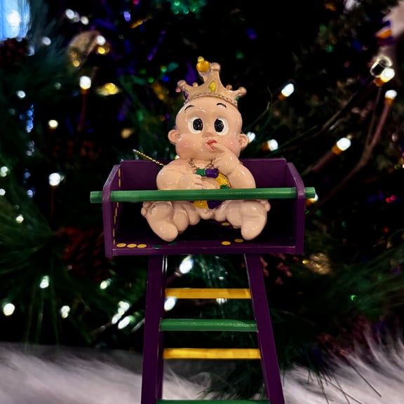 Parade Ladder, Mardi Gras Parade Stand with King Cake Baby, Purple, Green, and Gold Bead Ladder, New Orleans Tradition, Baby with Crown