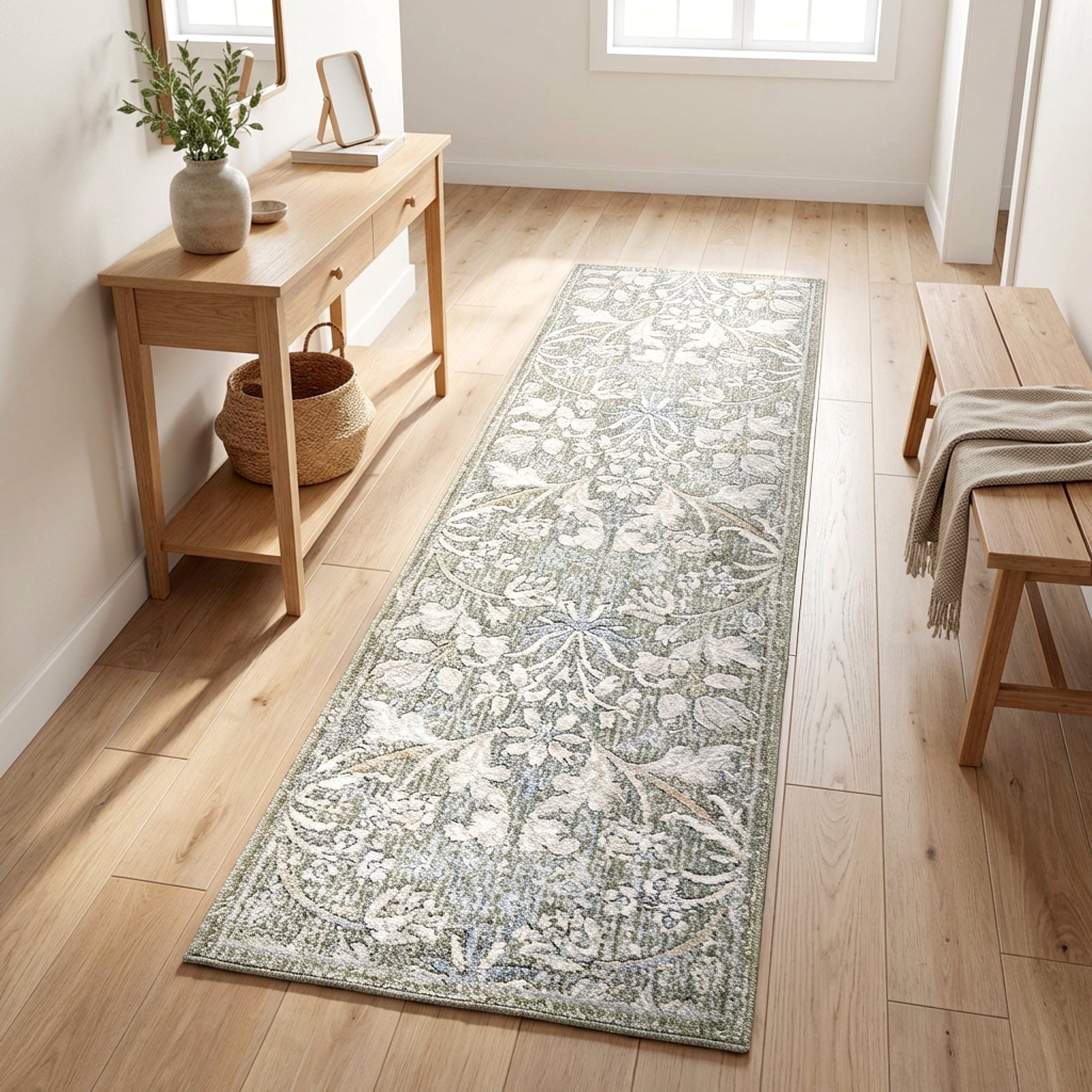 Paradis Hora Transitional Floral Green Area Rug, 2x8