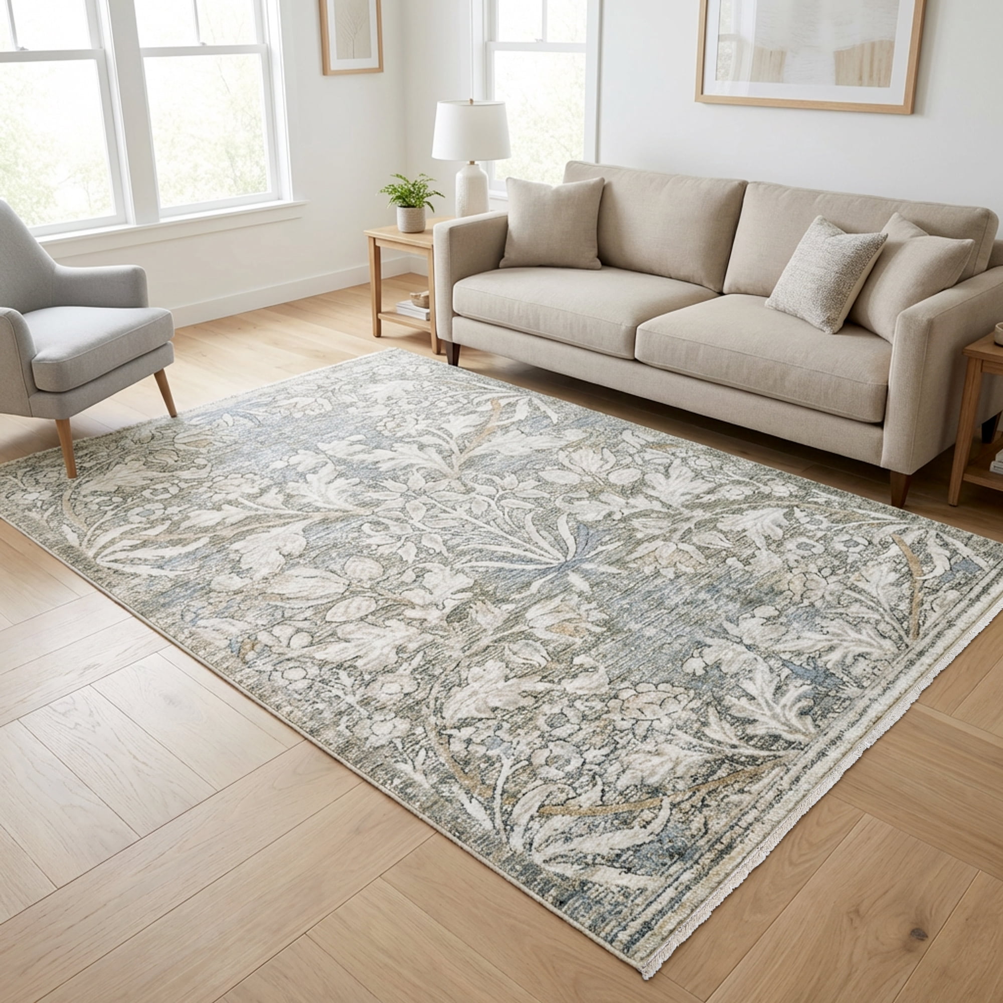 Paradis Hora Transitional Floral Green Area Rug, 5x8