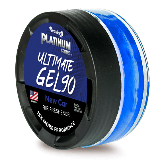 Paradise Air Platinum Series Ultimate Gel 90 Air Freshener for use in Auto, Home, Office, Bathroom. Net Weight 30g, New Car