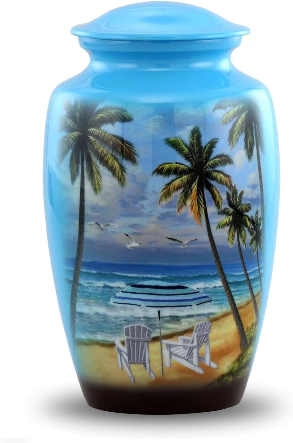 Paradise Beach Adult Cremation Urn for Human Ashes – Tropical Ocean Palm Tree Memorial Urn with Secure Lid, Blue Aluminum Alloy, Holds Up to 200 Cubic Inches