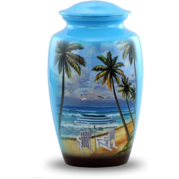 Paradise Beach Adult Cremation Urn for Human Ashes – Tropical Ocean Palm Tree Memorial Urn with Secure Lid, Blue Aluminum Alloy, Holds Up to 200 Cubic Inches