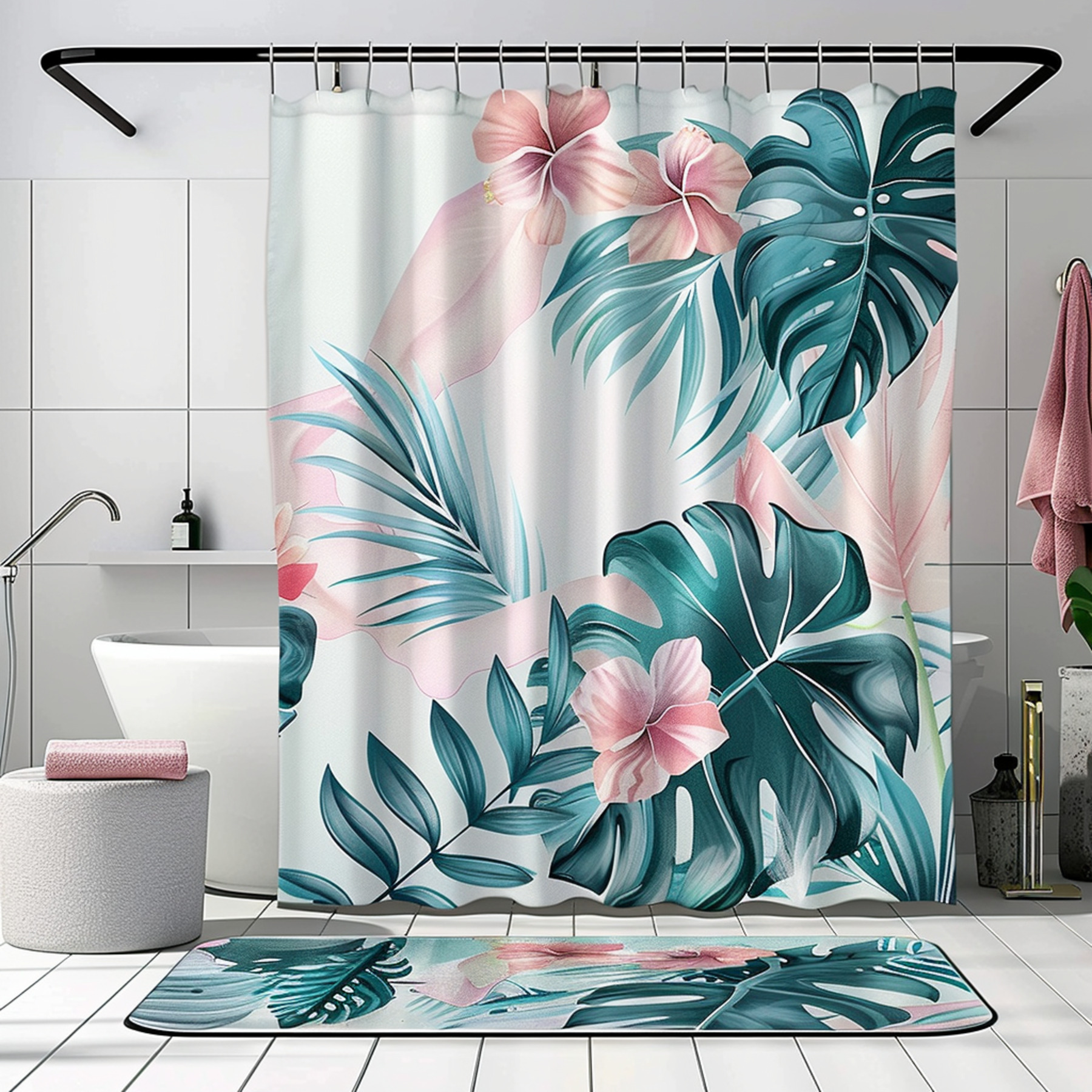 Paradise Blooms Tropical Flower & Leaves Shower Curtain Set Pastel