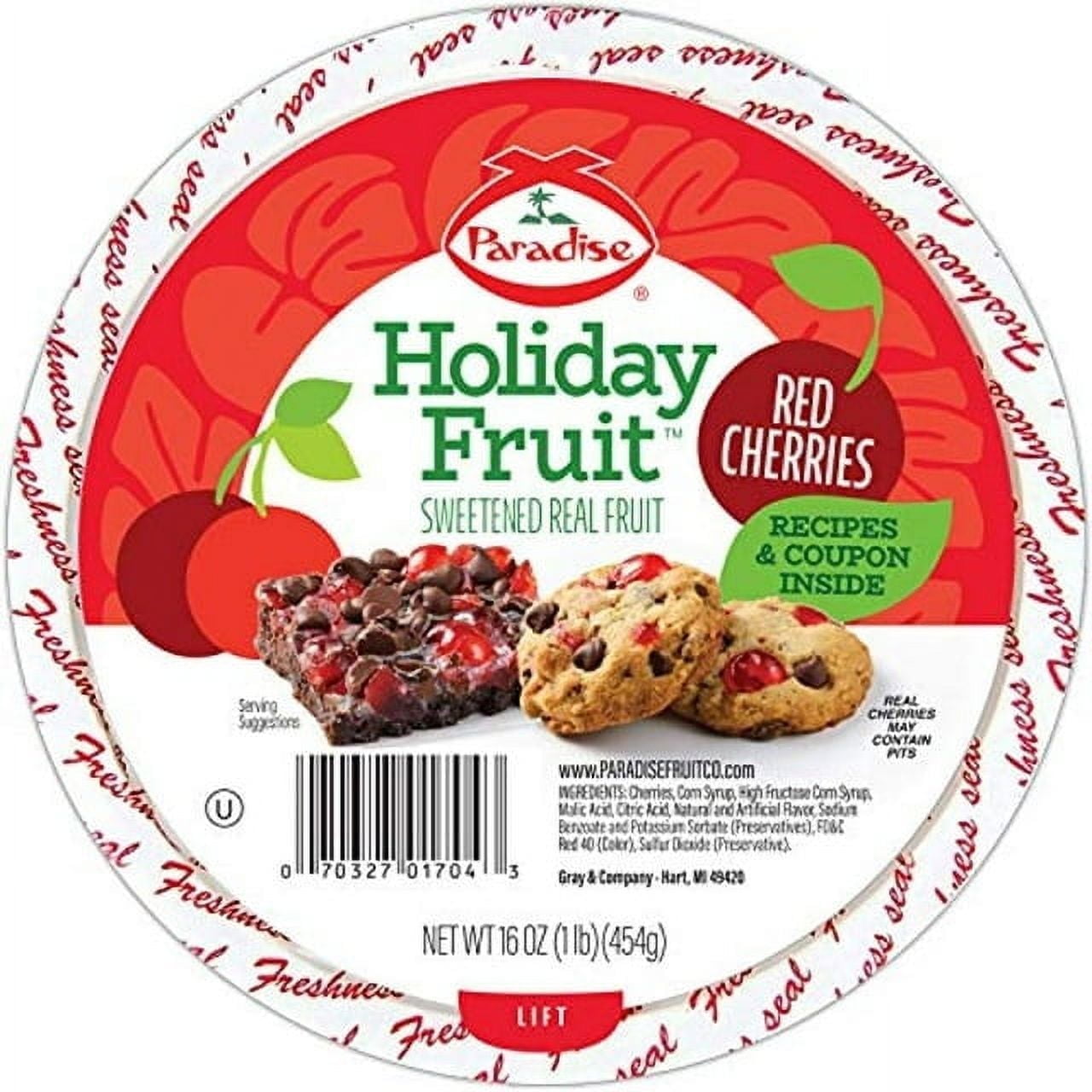 Paradise Red Whole Cherries, 16 Ounce, Glace Fruit for Baking