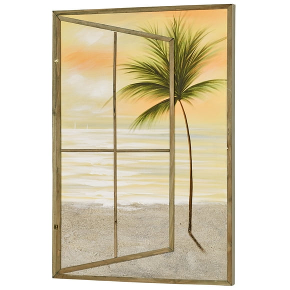 Paradise Dawn Handpainted Oil Palm Tree Beach Canvas Wall Art Orange, Yellow, Brown, Green, Sand and White 28"Wx1.5"Dx40"H