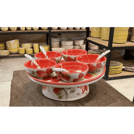 Paradise Flowers Ceramic Serving Set - Red Flowers Design, Microwave & Dishwasher Safe