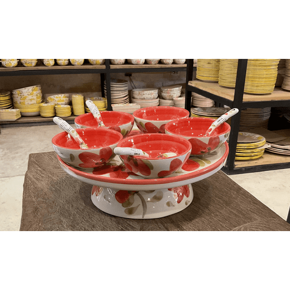 Paradise Flowers Ceramic Serving Set - Red Flowers Design, Microwave & Dishwasher Safe